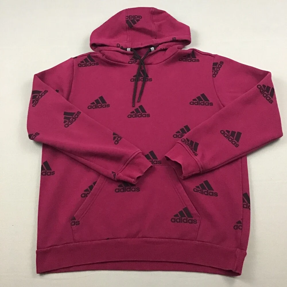 Adidas Hoodie Men Small Pink Trefoil All Over Print Pullover Sweatshirt AOP